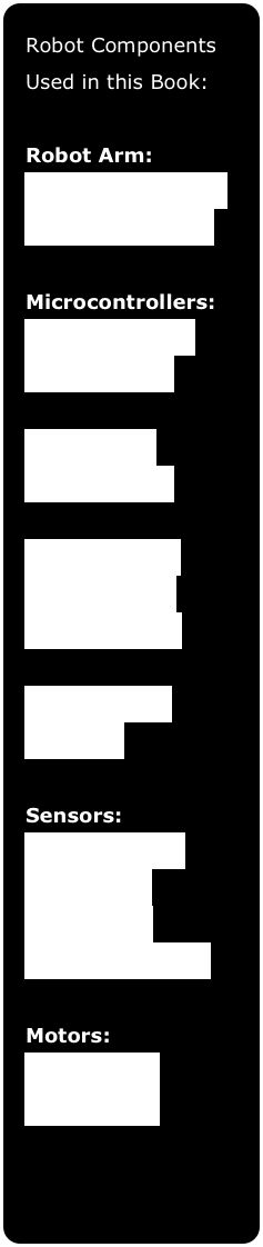 Robot Components Used in this Book:

Robot Arm:
Trossen Phantom X Pincher Robot Arm

Microcontrollers:
EV3 Mindstorms Microcontroller

Arduino Uno Microcontroller

Spark Fun Red Board Arduino Microcontroller

ArbotiX Robot Controller

Sensors:
Vernier Sensors
EV3 Sensors
NXT Sensors
Pixy Vision Sensor

Motors:
Pitsco Motors
Pitsco Servos


